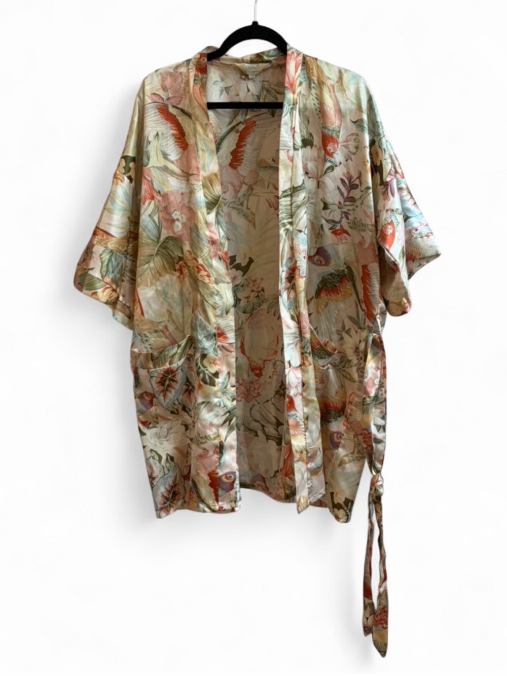 Celsa Vintage Bird Motif Kimono Robe Tie Waist w/ Pockets Loungewear Intimates